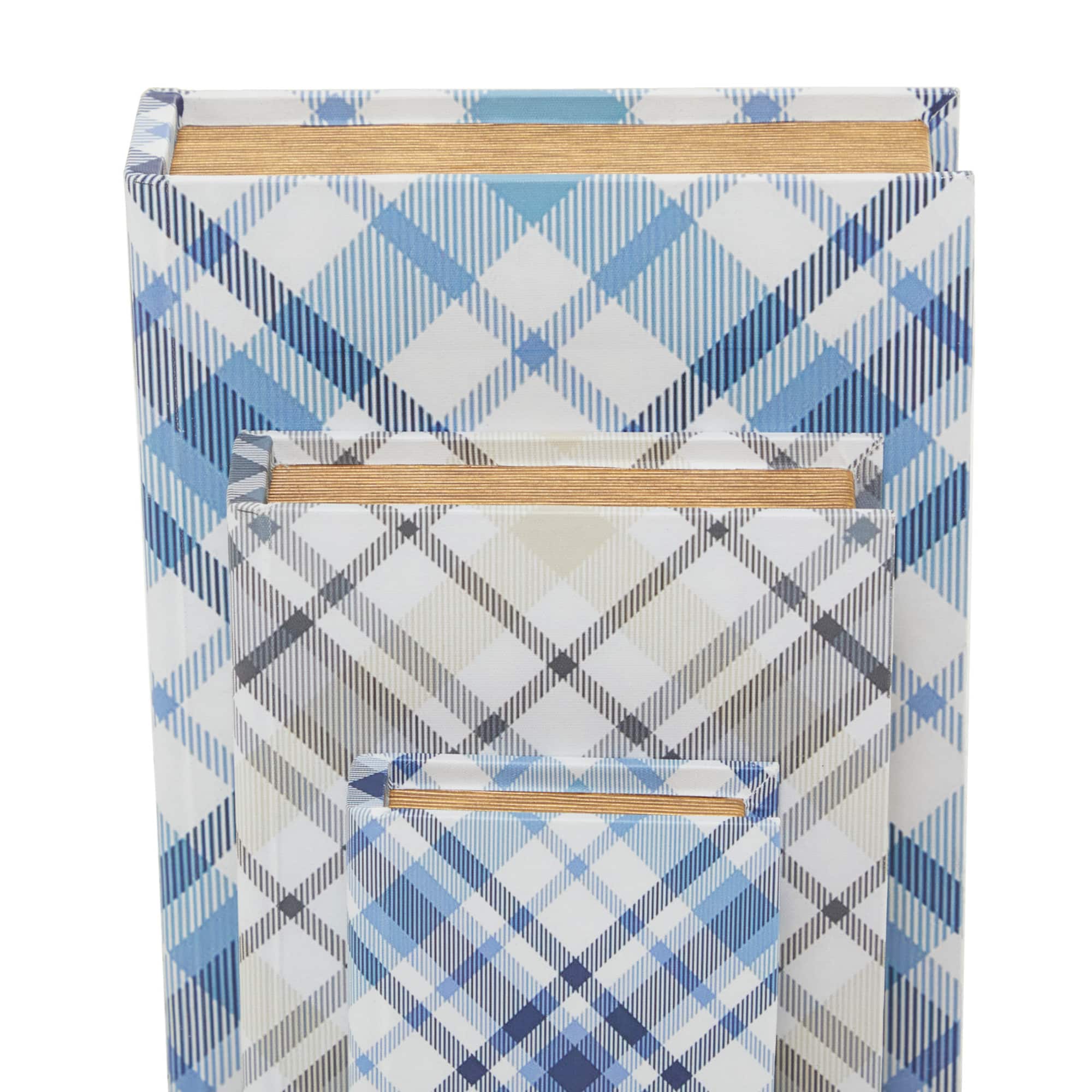 Blue Plaid Canvas Faux Book Box Set